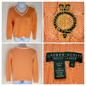 Lauren Active Ralph Lauren Sweater XL Cableknit Crest Preppy Tennis Golf Peach